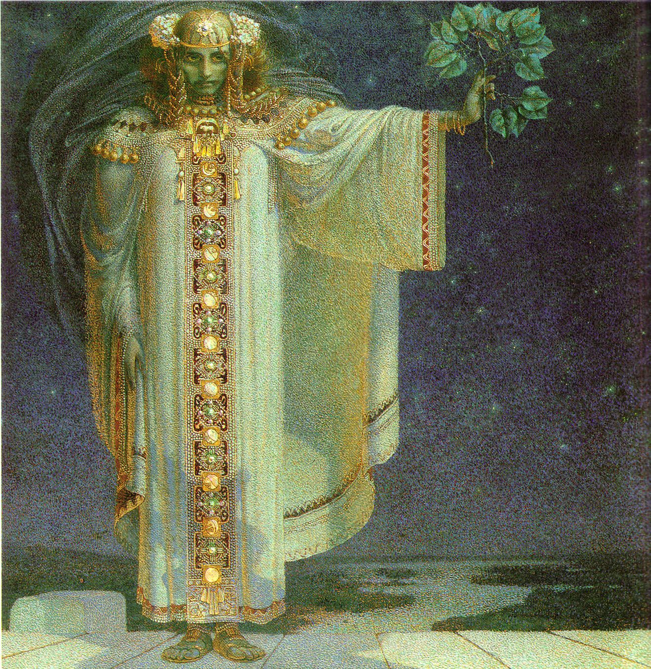 Libussa the prophetess, outstretched hand holds a linden leaf, her skin has a greenish cast